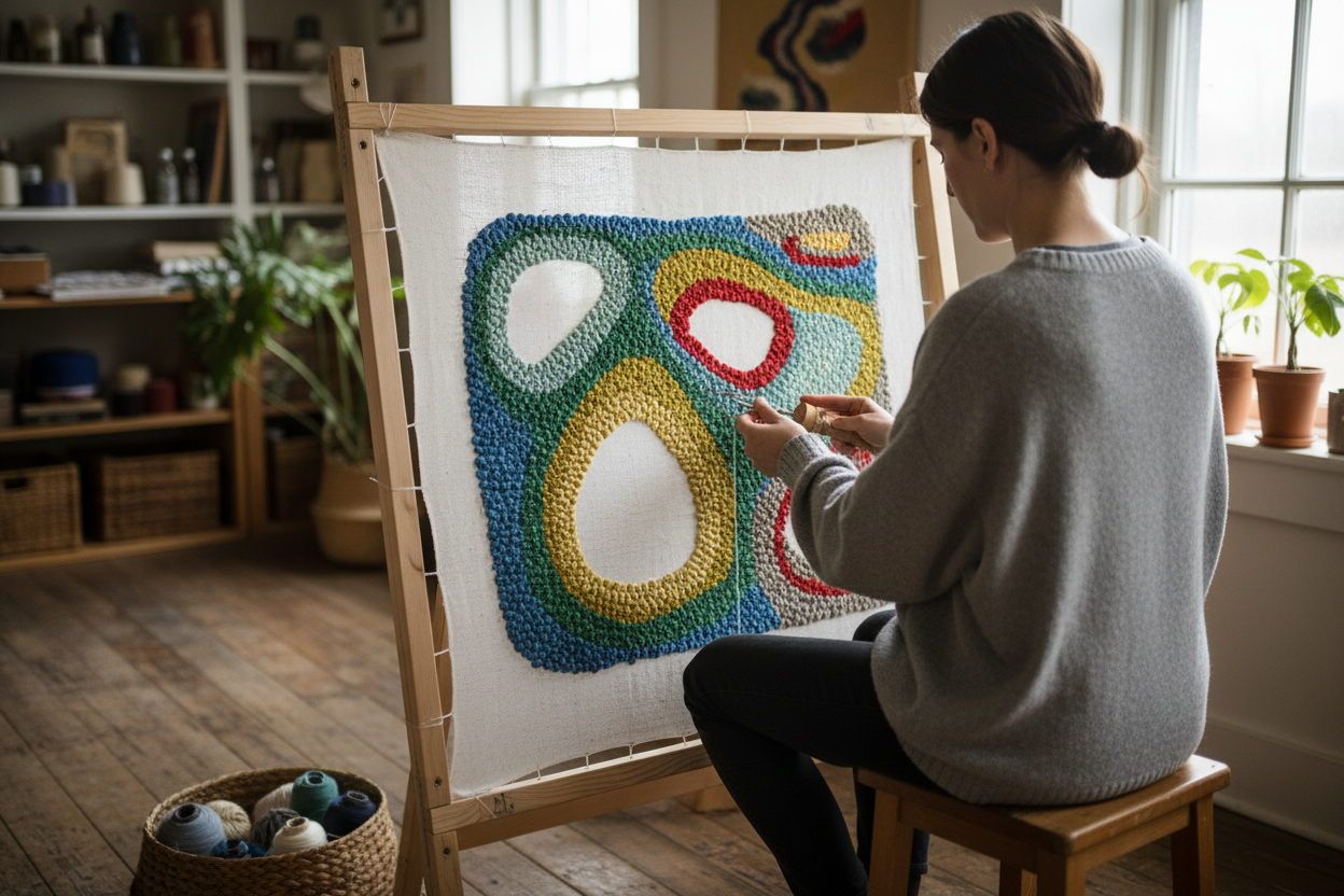 picture of someone making something with a punch needle ona tufting frame. picture shoukld be taken from the back side of the person