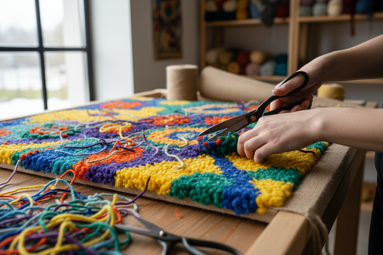 someone cutting rug yarn with a scissor